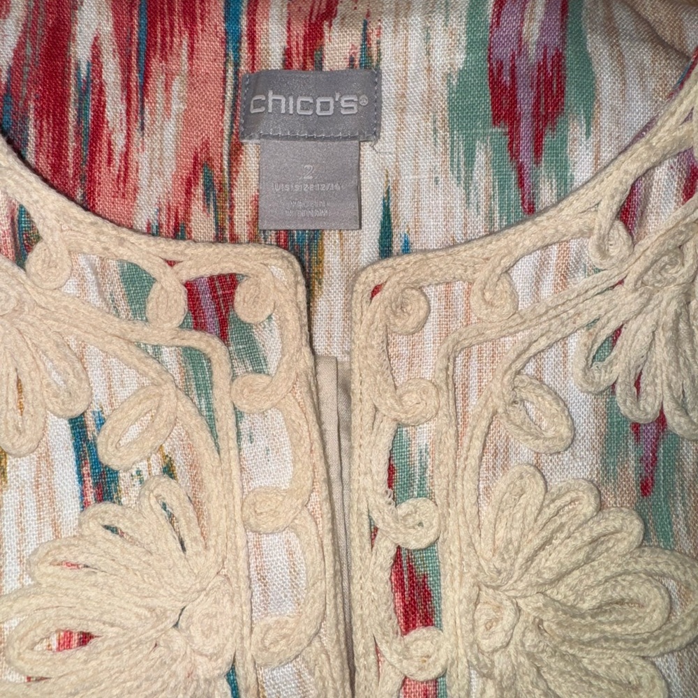 Chico’s Colorful Patterned Open Front Cardigan, Size 2 - Picture 4 of 5